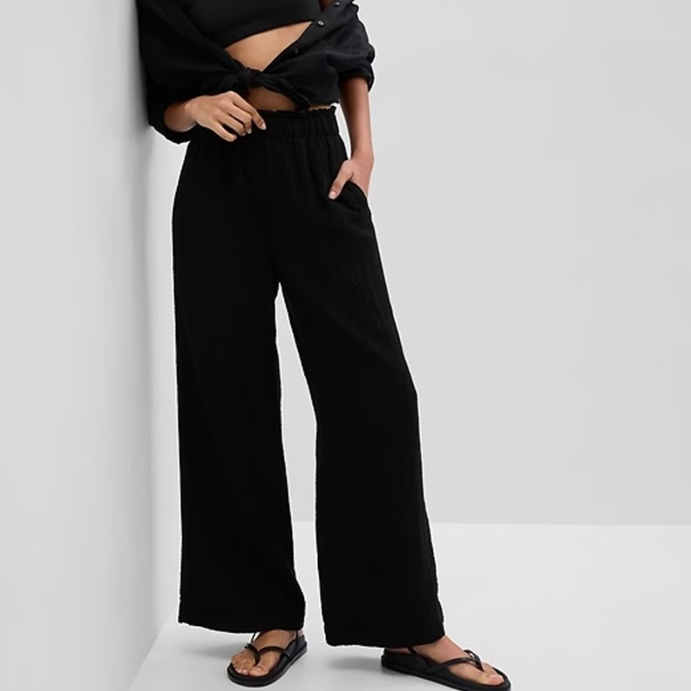 NWT GAP Factory Black L Wide-Leg Gauzy Crinkle Pants Lightweight
